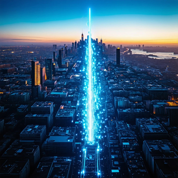 7️⃣ The Forked Horizon
A digital horizon line splitting into two mirrored futures; glowing cityscape …