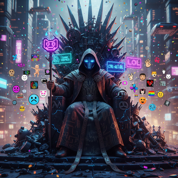 Meme King Ascension
!nb A legendary meme emperor sitting on a throne made of broken corporate logos…