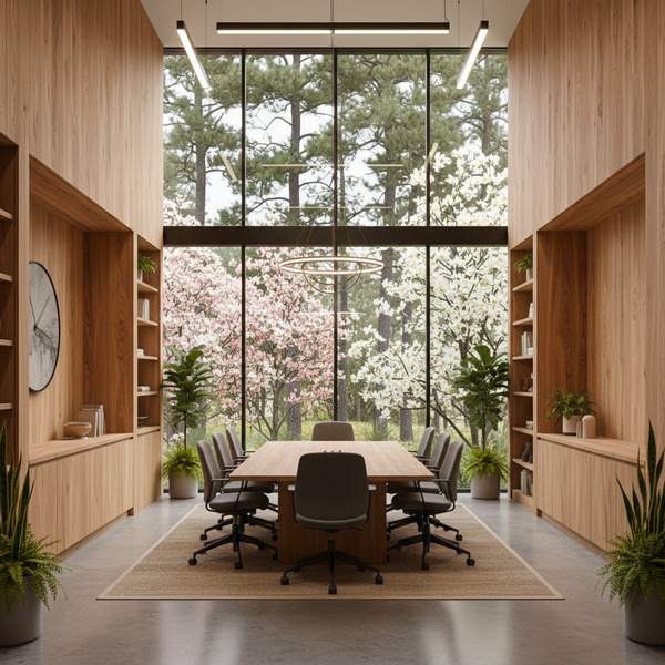 !nb modern office space with open meeting room layout, pine trees, magnolia trees, dogwood trees ou…