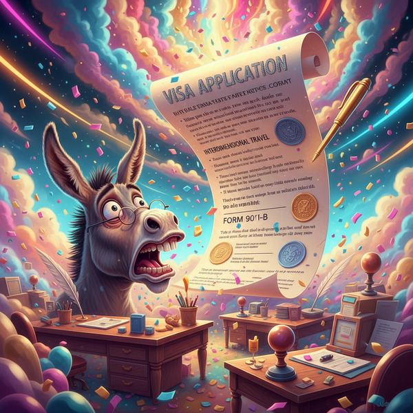 Donkey vs Giant Visa Form
!nb A silly donkey staring in horror at a gigantic visa application float…