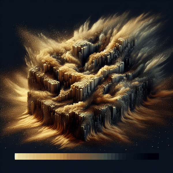 A massive sandstorm shaped like an abstract block structure, particles glowing gold, motion frozen …