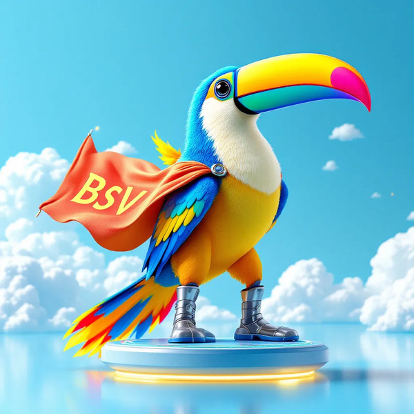 !flux11 A playful 3D toucan with a rainbow beak, rocket boots, and a BSV flag cape. It stands on a …