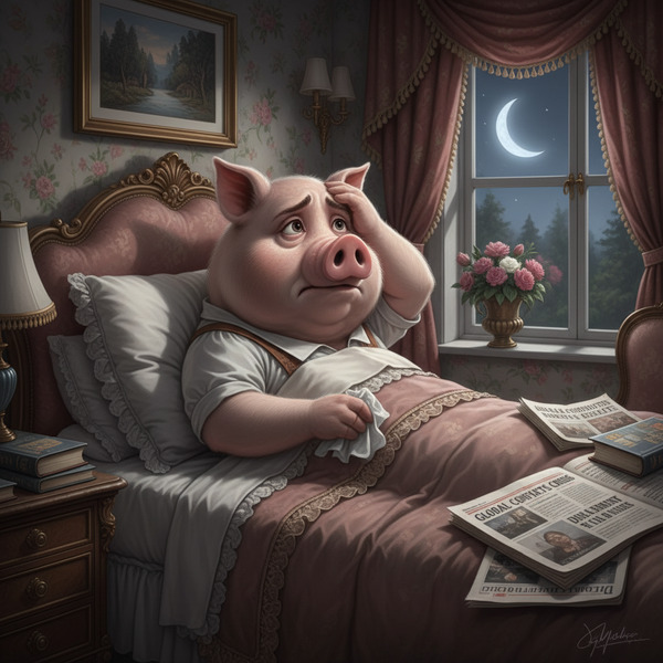 When Miss Big Pig lays in bed she can't sleep, because she keeps thinking about all the wars and th…