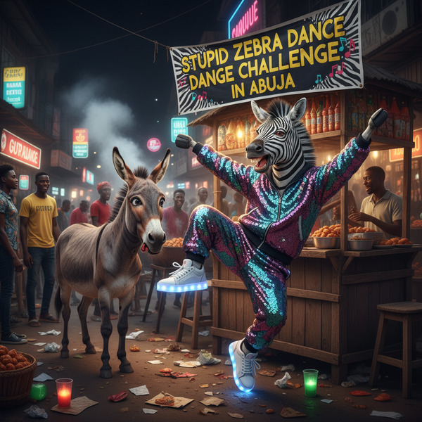 Stupid Zebra Dance Challenge in Abuja”
A goofy zebra doing ridiculous viral dance moves while Mr Do…