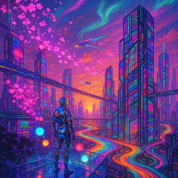 !gpt4o "A vibrant neo-Tokyo metropolis at sunset where buildings are coated in prismatic smart-glas…