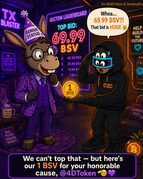 😄 @4DToken  we're not here to outbid the wisest donkey… we just wanna help. Here's 1 BSV on us — wh…