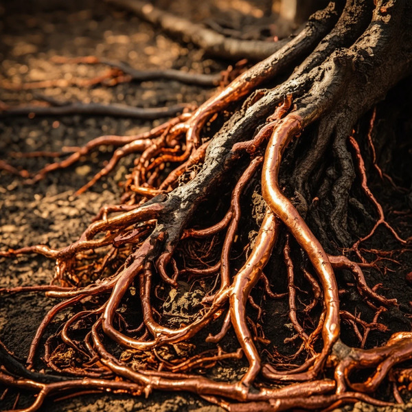 Copper Roots:
Roots entwined with copper veins, earthy and golden textures, deep shadows, cinematic…