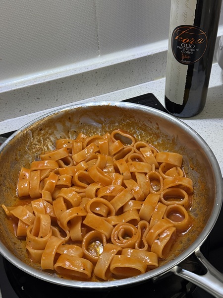 One of my favorite pasta “Calamarata” with a a Bisque sauce and my extra virgin olive oil “Kora” ne…