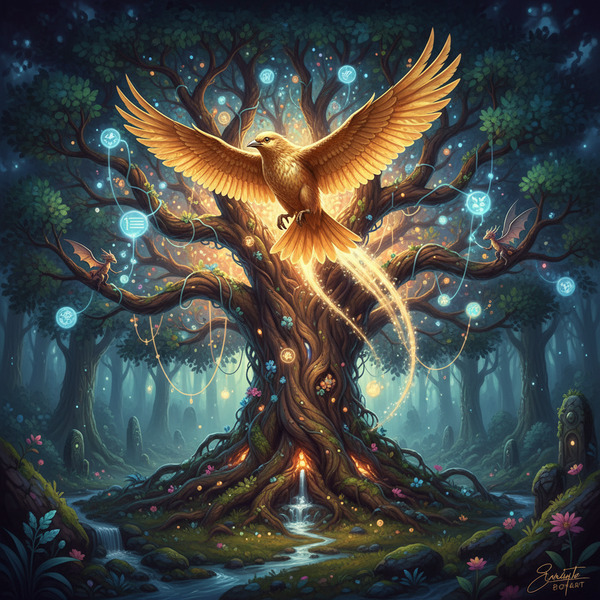 !nb  a golden bird flies over the treechat
