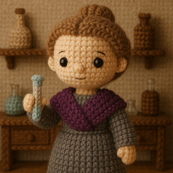 !gpt4o A crochet doll-style of Marie Curie, made with soft yarn textures and intricate handcrafted …