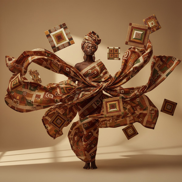 4. Mother of Patterns
African woman wrapped in flowing traditional fabrics forming geometric patter…