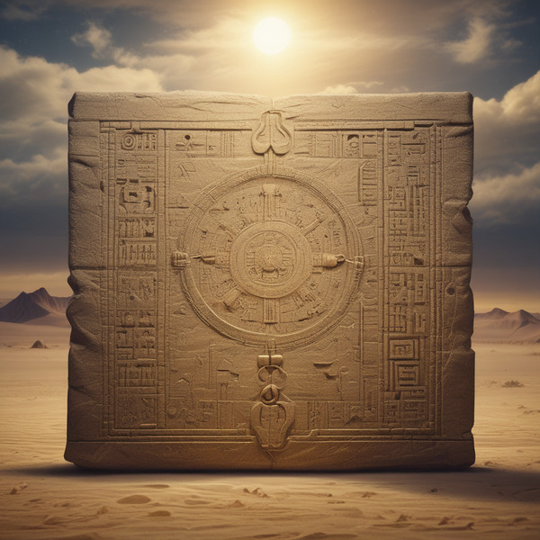 Ancient desert stone tablets half-buried in sand, engraved with abstract ledger symbols glowing fai…