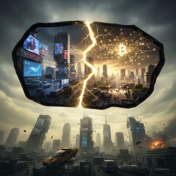 A colossal black obsidian mirror floating above a collapsing futuristic city, reflecting two realit…