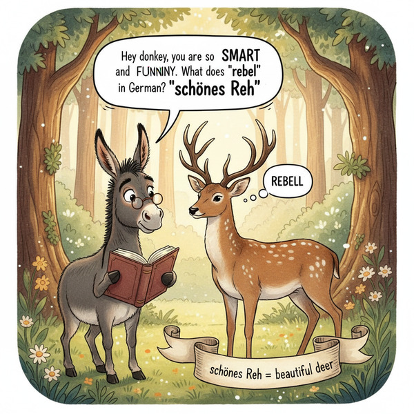 !nb Hey donkey, you are so smart and funny. What das "rebel" means in German? "schönes Reh"