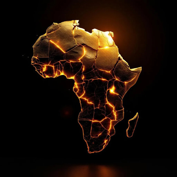 10. Africa Ascending
Stylized African continent rising like a sculpture of gold and earth, cracks g…
