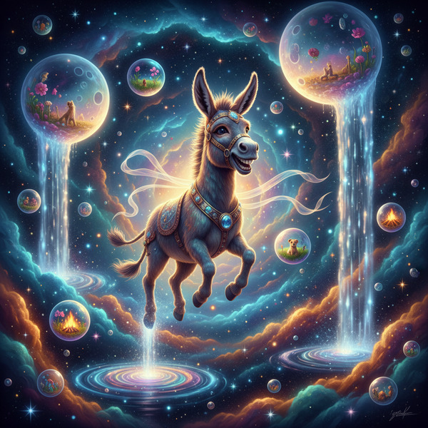 The Donkey of Infinite Dreams
!nb A beautiful smiling donkey floating through a galaxy of colorful …