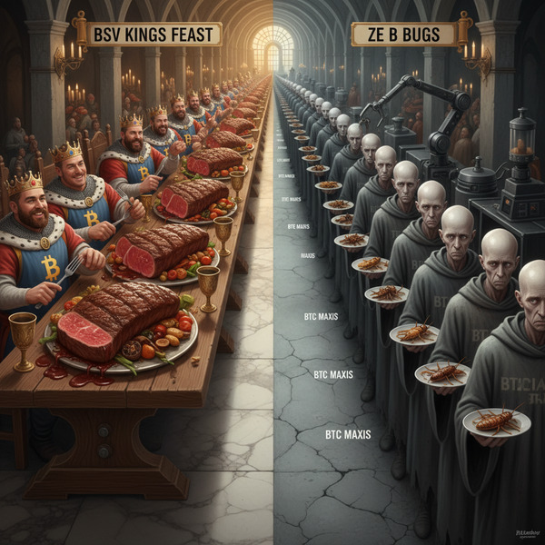 BSV kings gonna feast on thick and juicy steaks,

While white BTC maxis line up to eat ze bugs on p…
