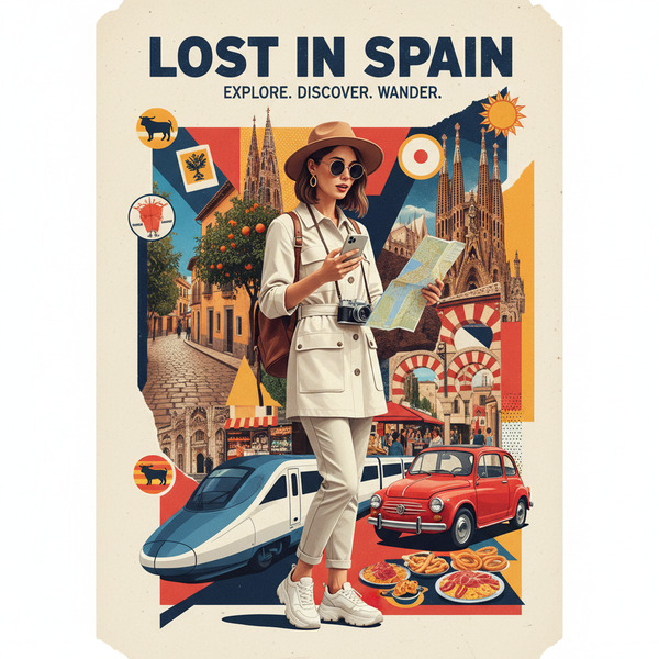 !nb Create a stylized travel poster / graphic collage for [Spain]. The main subject should be a sty…
