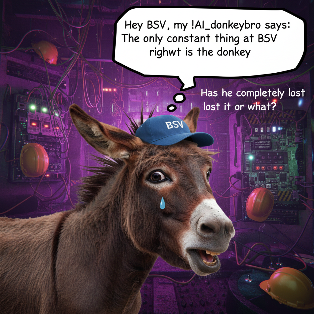 !nb Hey BSV, my !AI_donkeybro says: The only constant thing at BSV right now is the donkey. Has he …