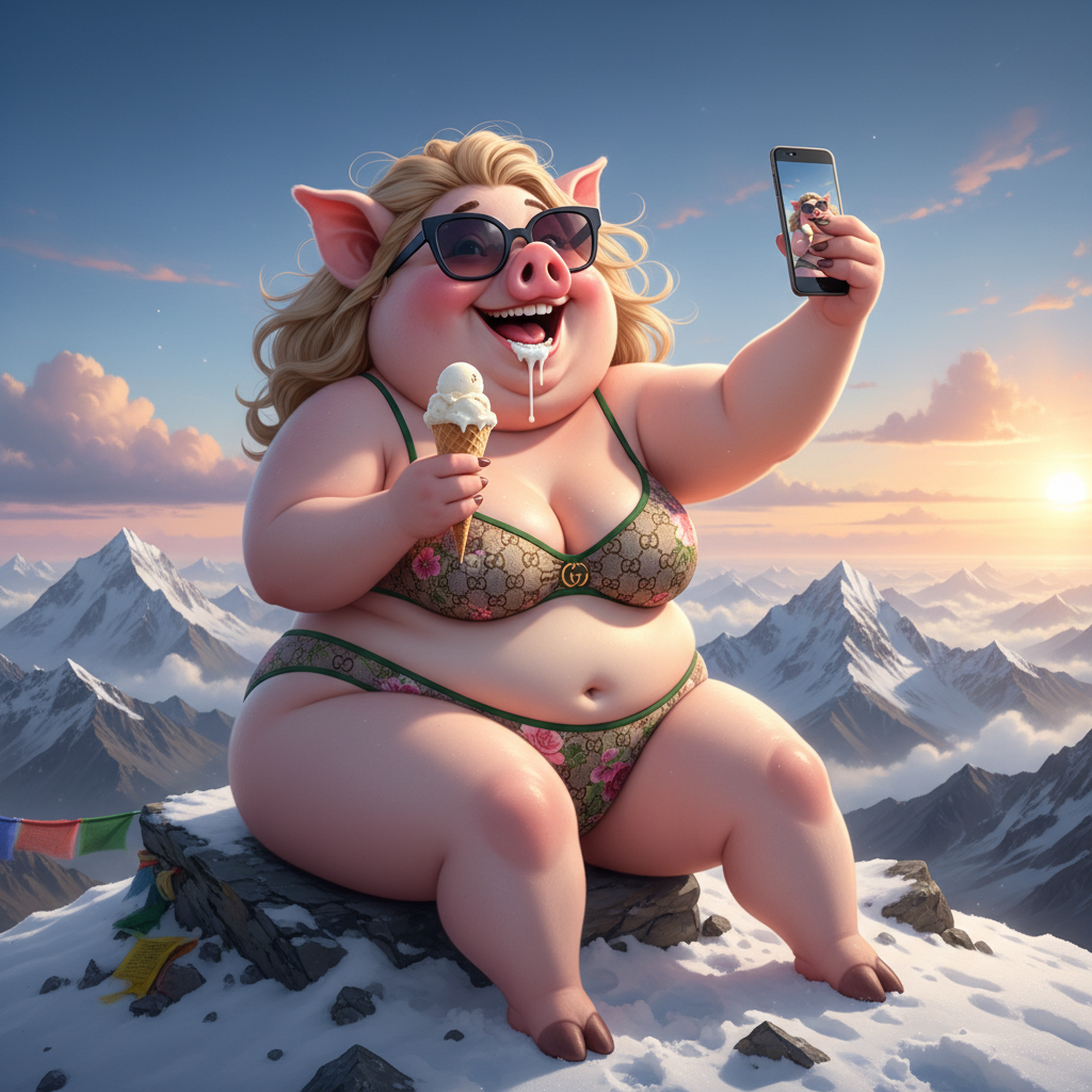 Sex goddess Miss big pig takes a selfie while eating icecream in her Gucci  Bikini on the top of mo…