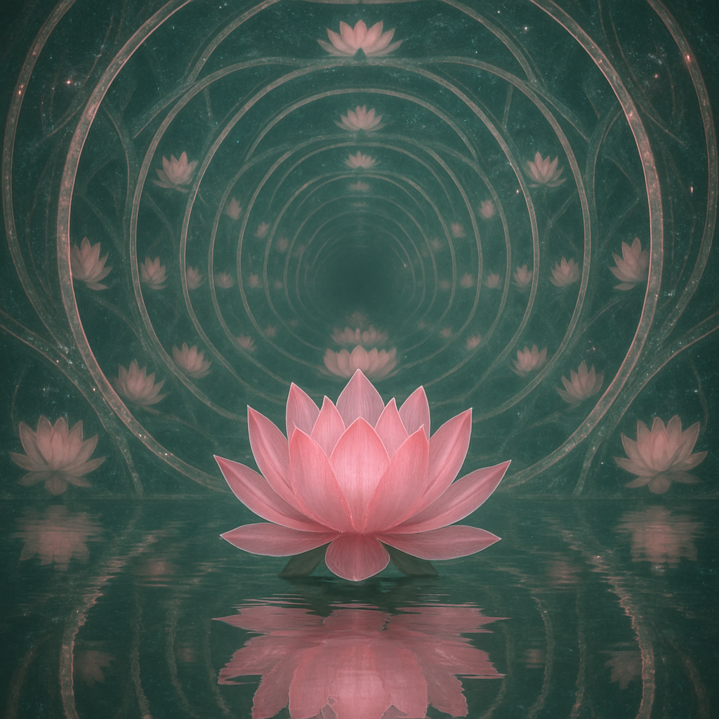 !gpt4o A serene lotus flower reflected within a Fractal Infinity Mirror, creating endlessly repeati…