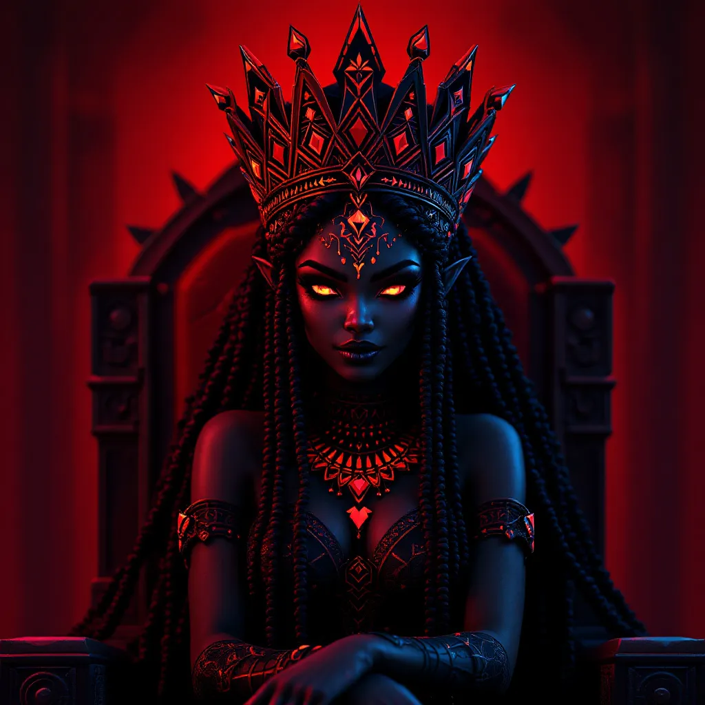 !flux11 A regal Black Queen, in 3D pixel, wearing a geometric crown fused with tribal patterns in s…