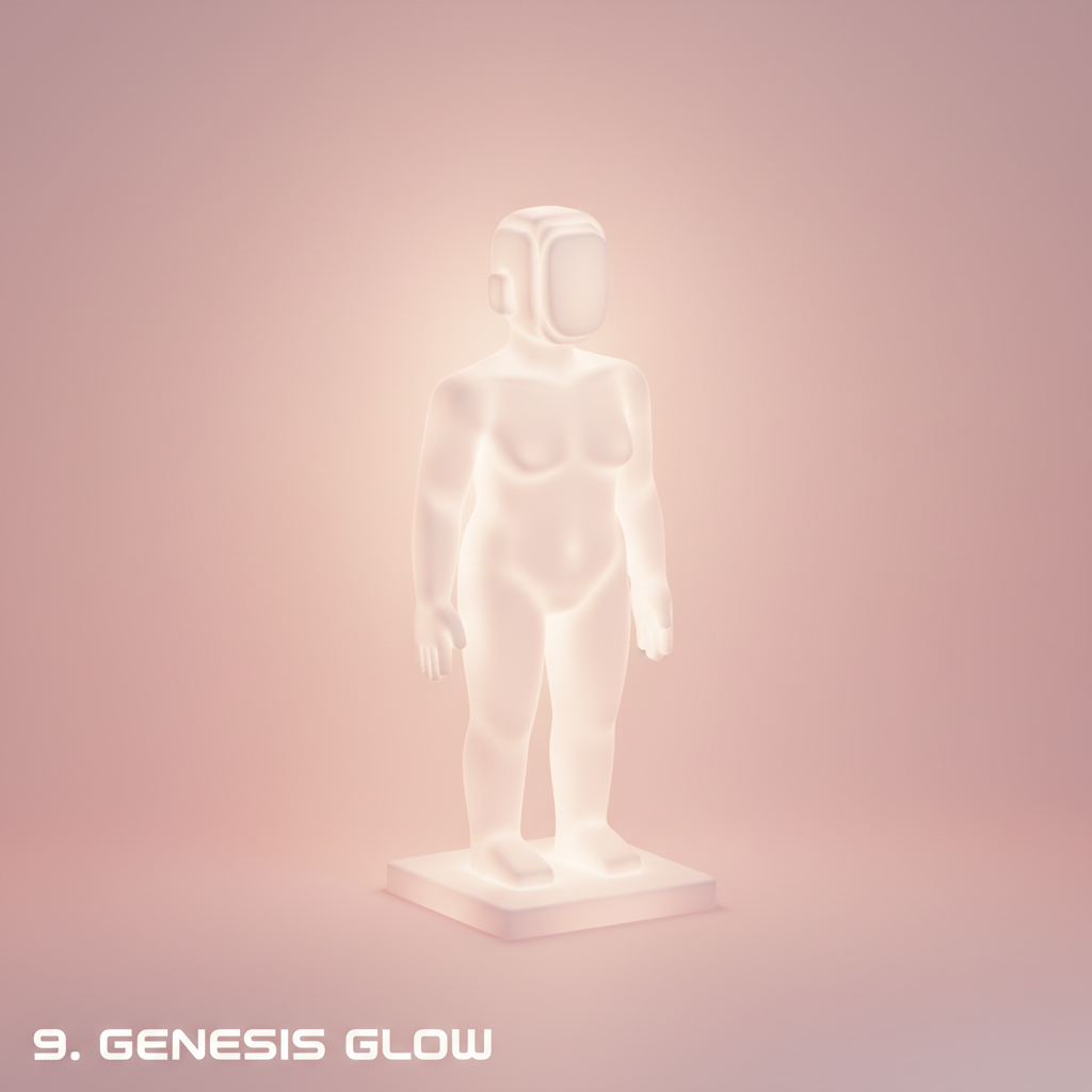 9. Genesis Glow
3D voxel minimalist statue emitting a gentle internal glow, smooth pixel design, fa…