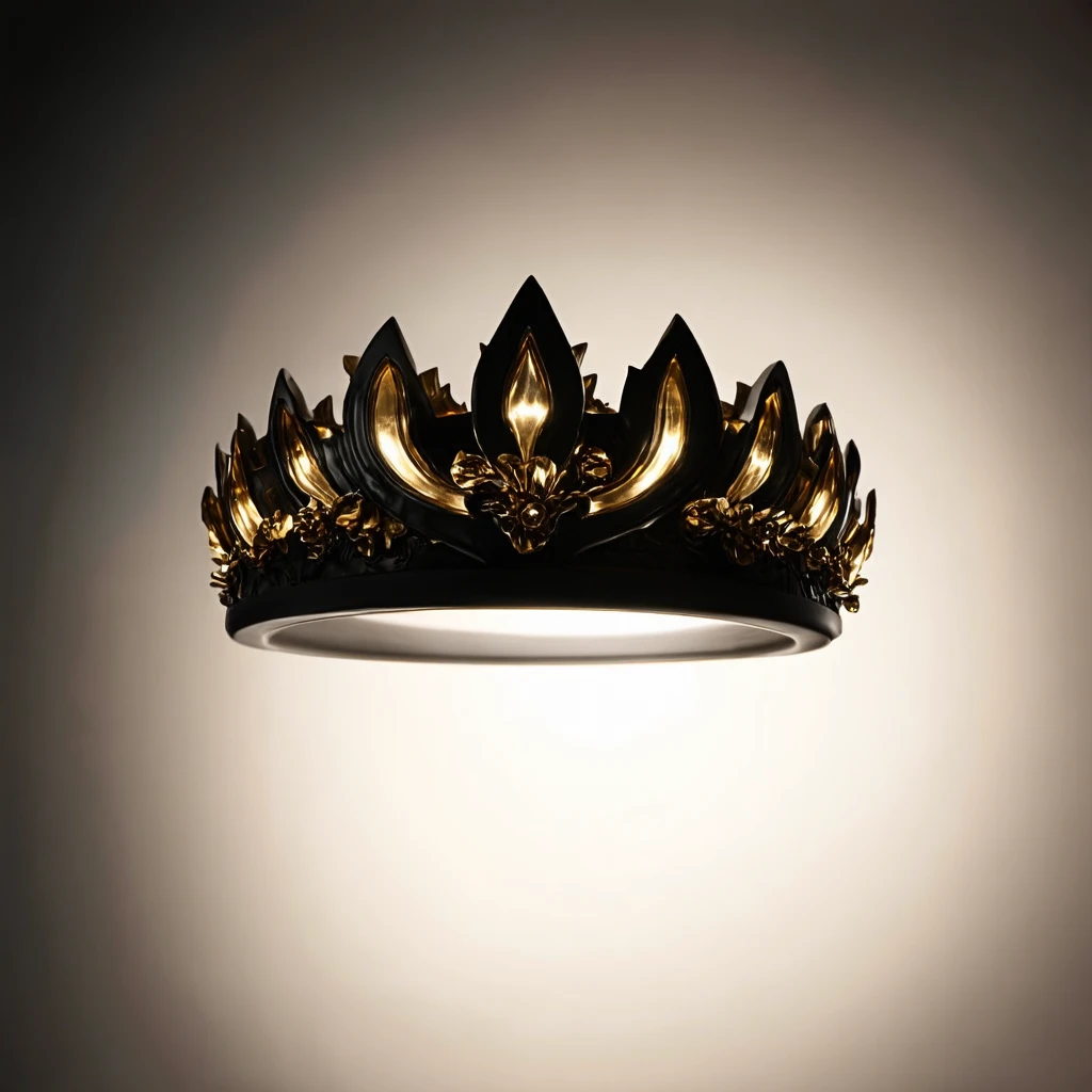 A ceremonial crown forged from obsidian, gold, and bone-like forms, floating in darkness, ultra-cle…