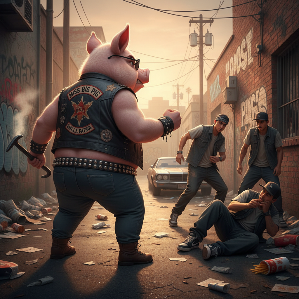 Miss Big Pig had to get tuff with some hoodlums to day while out on patrol in east L.A. !nb