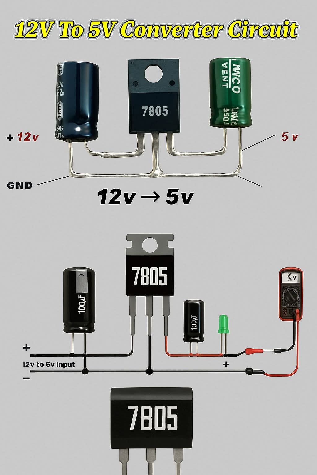 Simple 12V to  5V DC converter using linear regulator 7805. For the 7805 you can feed it until 35 V…