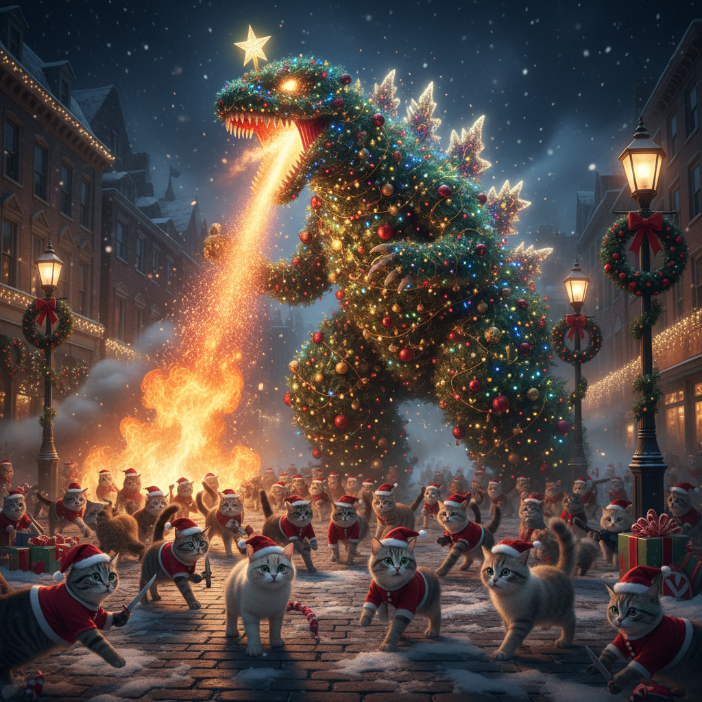 !nb Christmas tree Godzilla breathing fire on an army of cats.