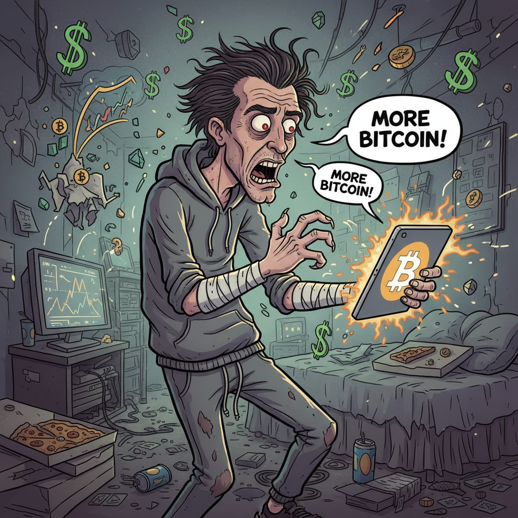 !nb a cartoon addict asking for more bitcoin while scratching.