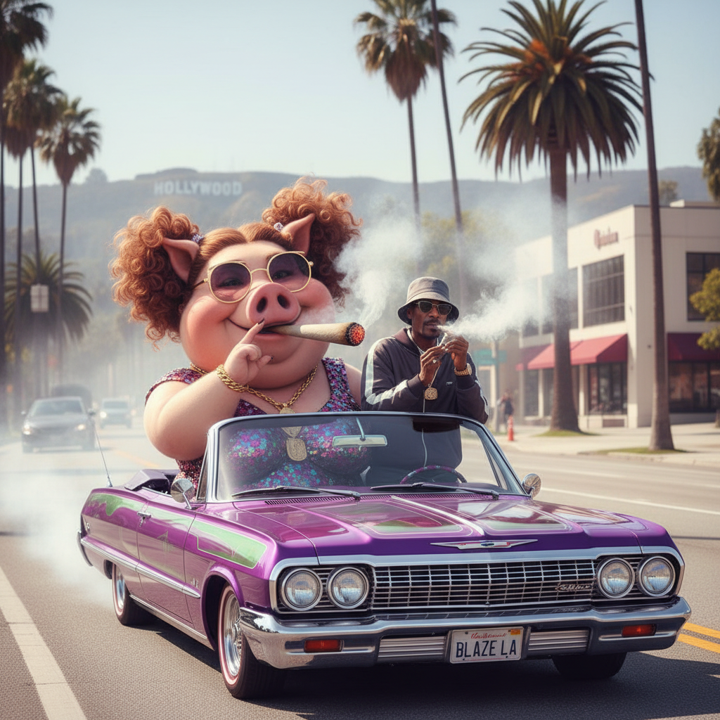 Miss Big Pig smokes with Snoop Dog, they drive around LA blazing as they go. !nb
