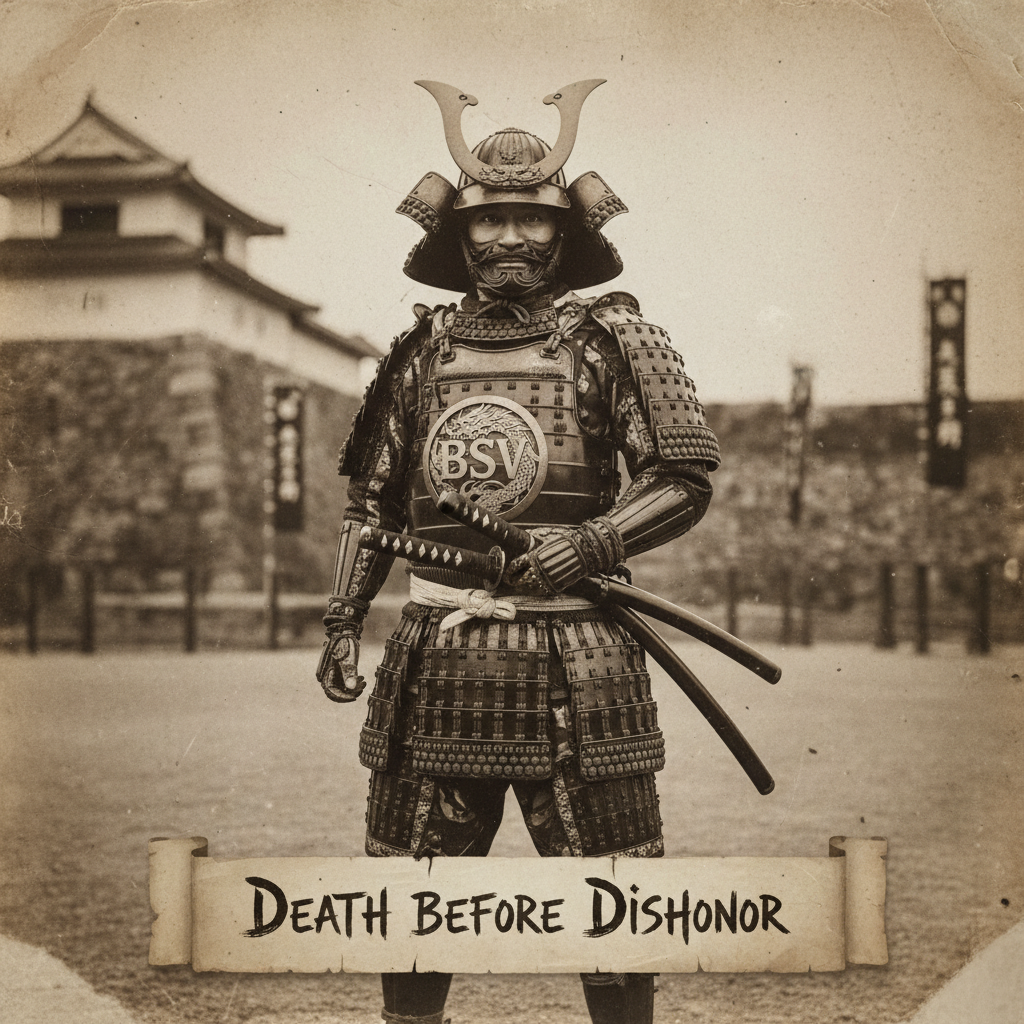 !nb  Create an image of a Samurai warrior fully prepared for battle. Make the image look vintage, a…