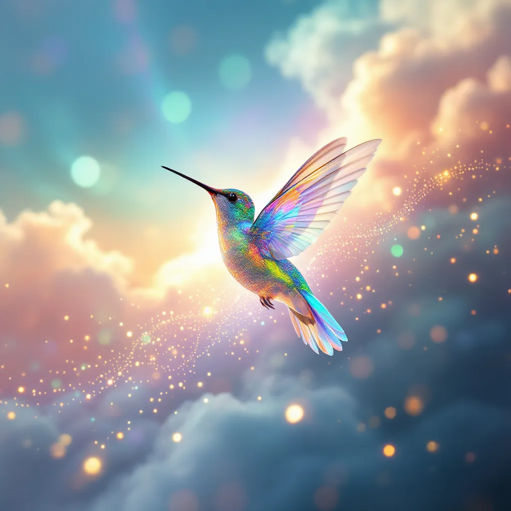 !flux11 hummingbird with translucent wings and data trails, hovering in a soft rainbow cloud circui…