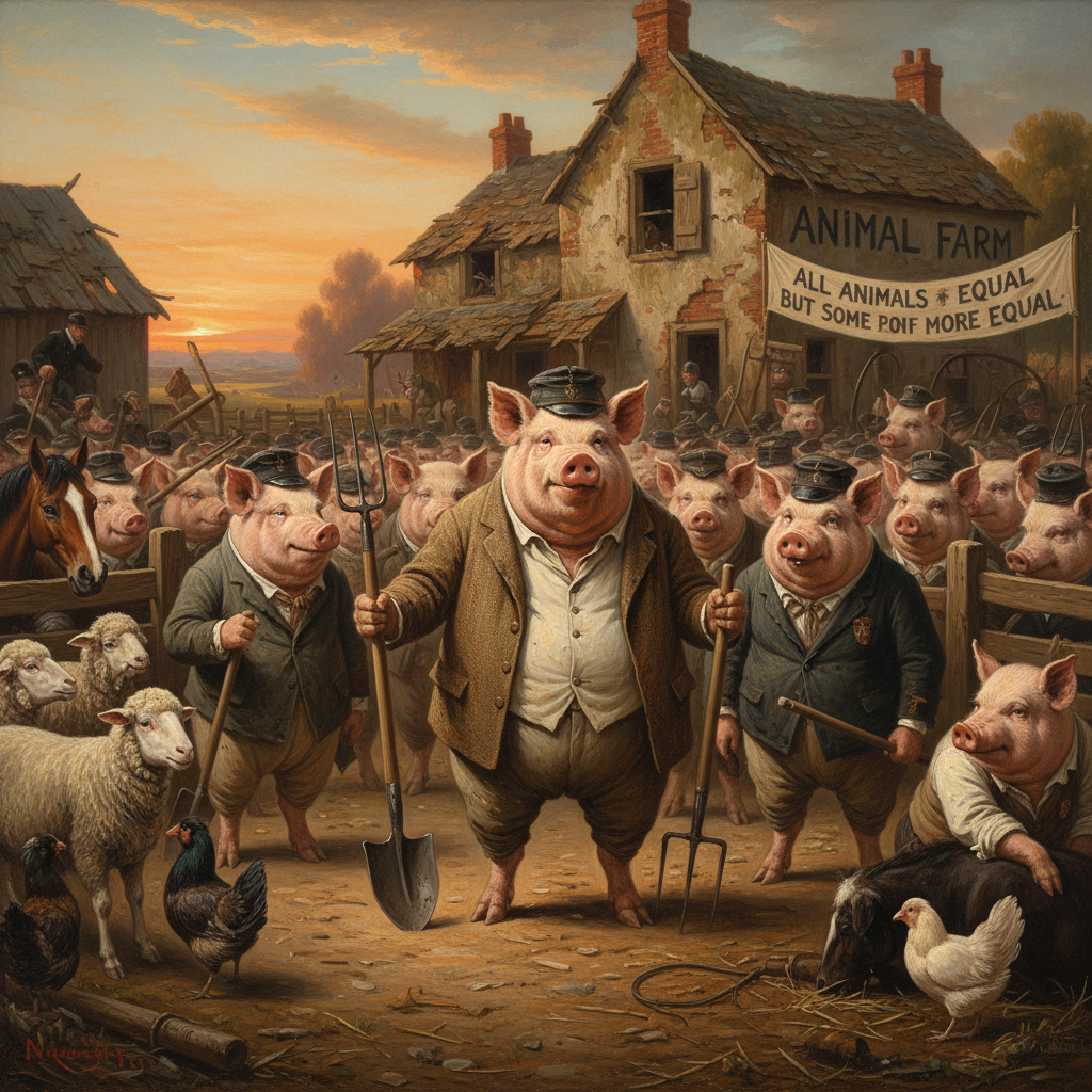 Yes the pigs are taking over the farm just like in George Orwell's book Animal Farm.!nb