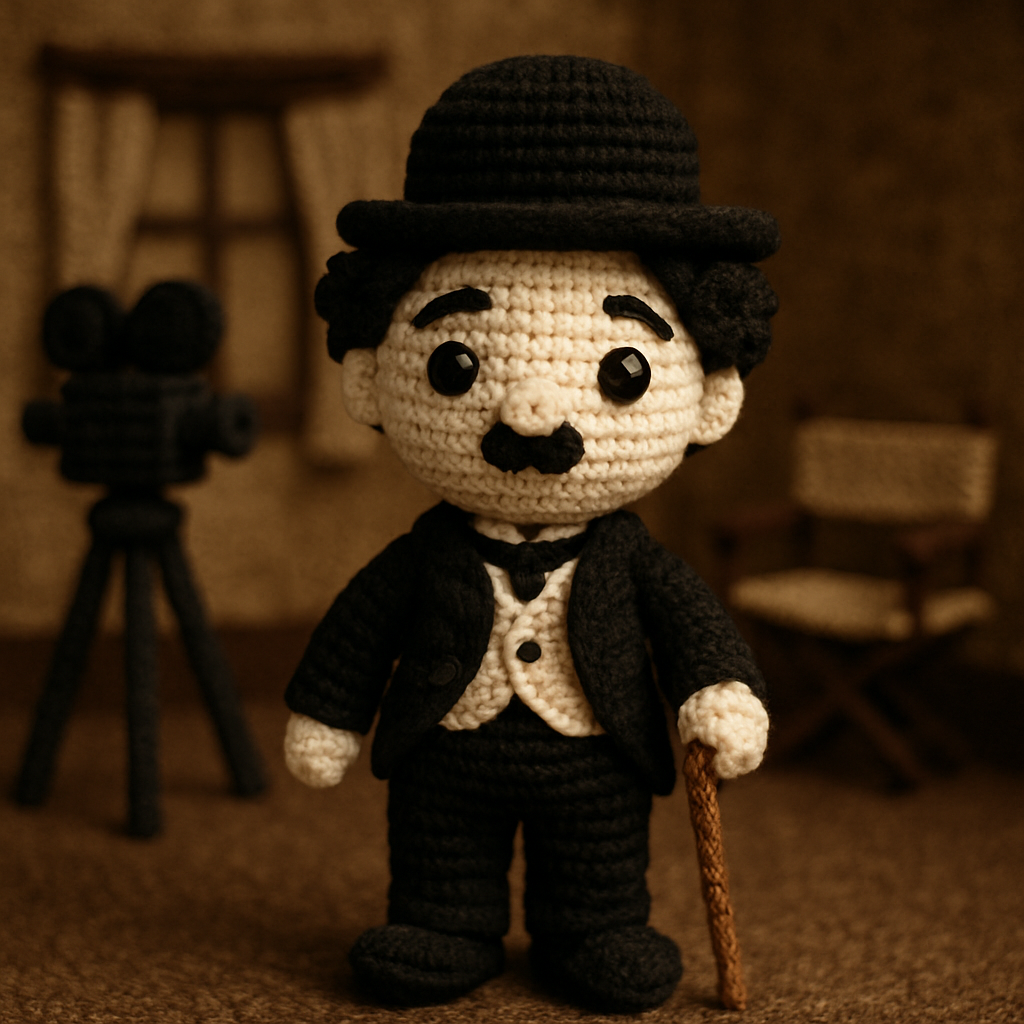 !gpt4o A crochet doll-style of Charlie Chaplin, made with soft yarn textures and intricate handcraf…