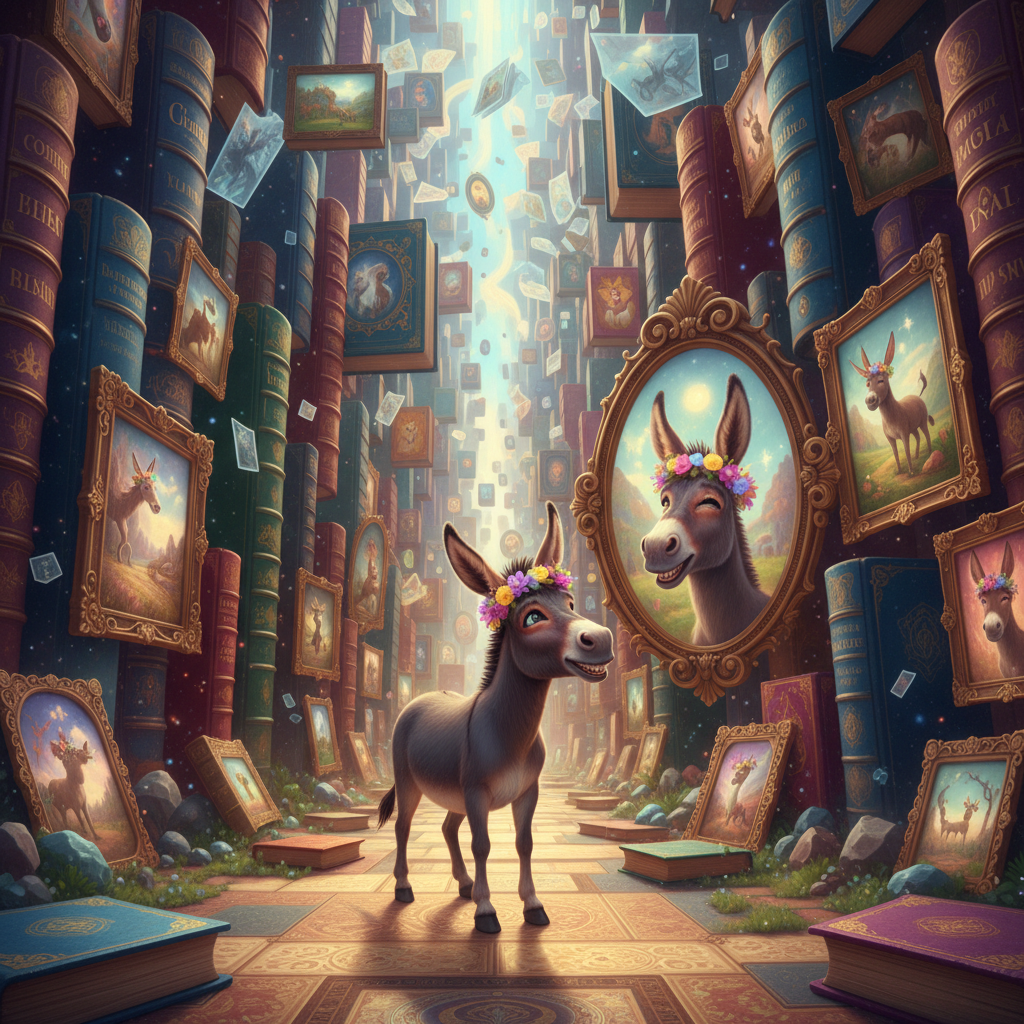 Donkey Searching for Himself
!nb  A cheerful donkey wandering through an endless maze made of giant…