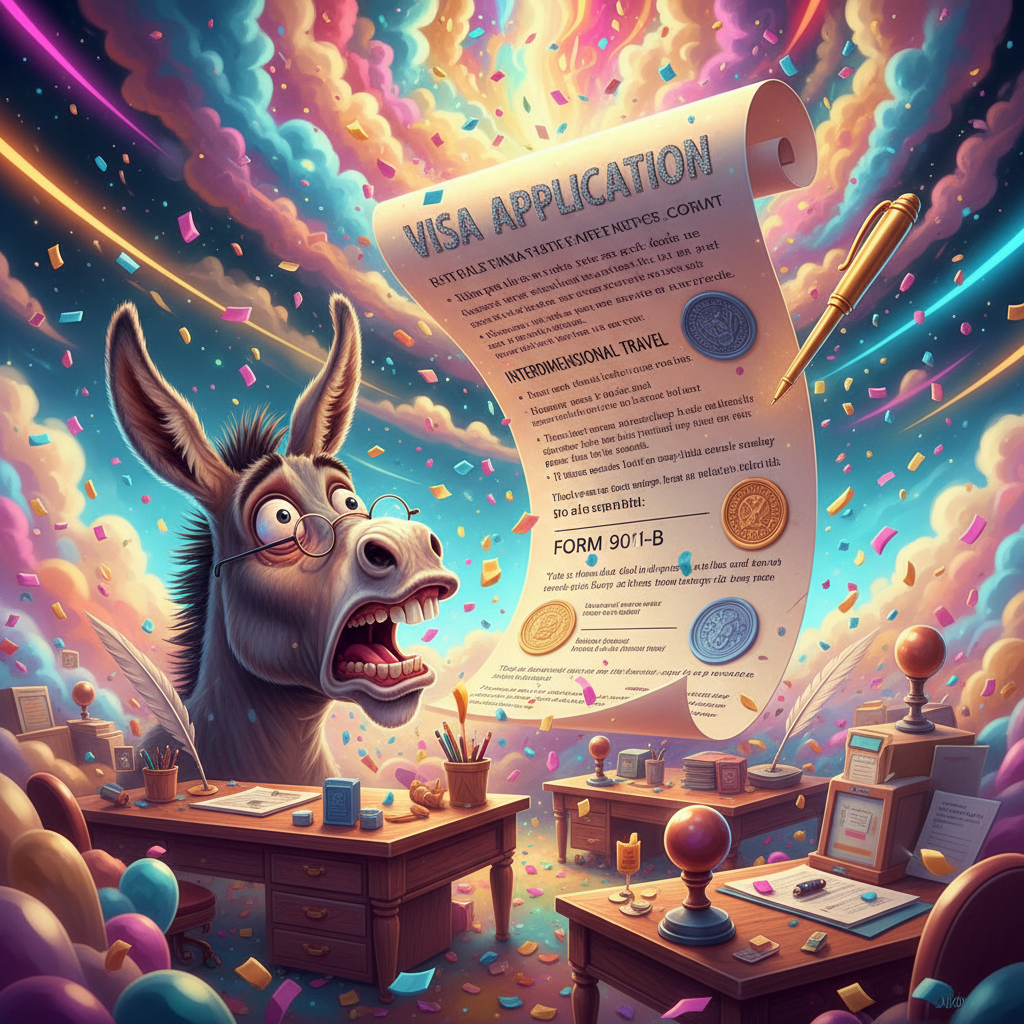 Donkey vs Giant Visa Form
!nb A silly donkey staring in horror at a gigantic visa application float…