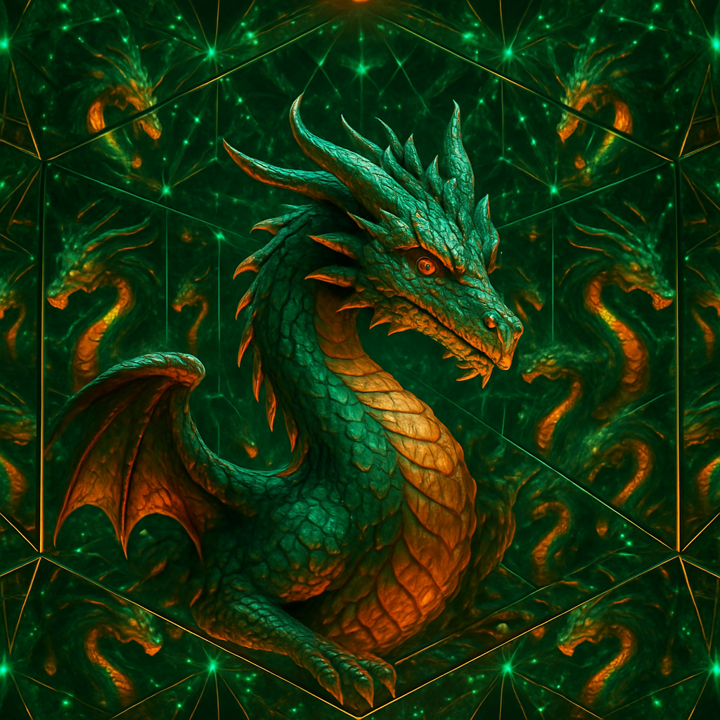 !gpt4o A whimsical dragon reflected within a Fractal Infinity Mirror, creating endlessly repeating …