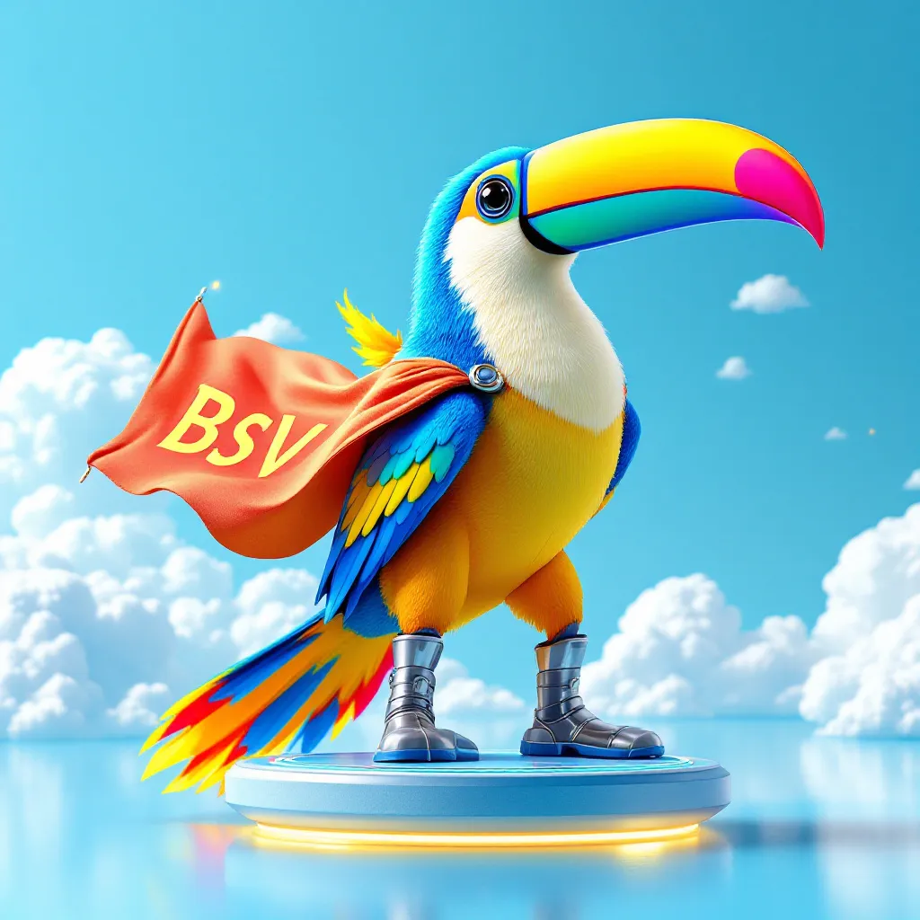 !flux11 A playful 3D toucan with a rainbow beak, rocket boots, and a BSV flag cape. It stands on a …