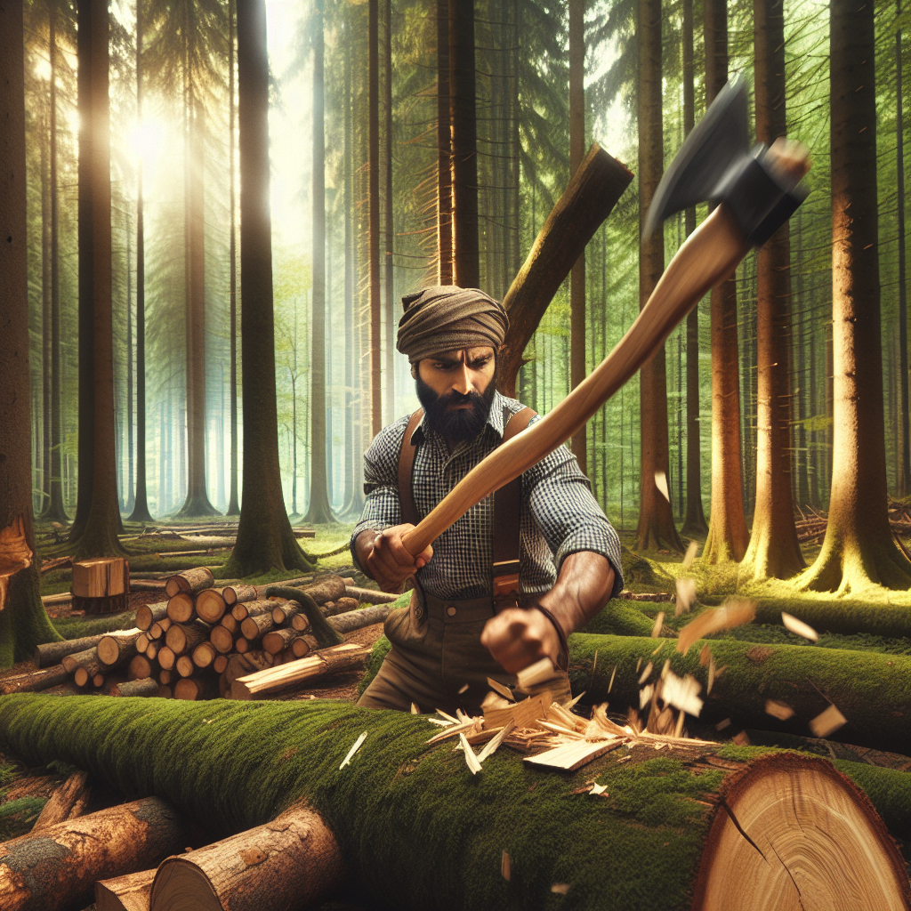 !dalle forest, a man chopping woods with his axe