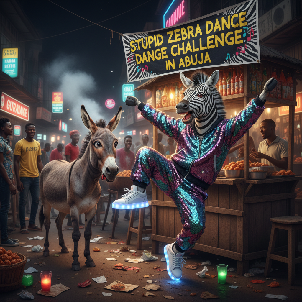 Stupid Zebra Dance Challenge in Abuja”
A goofy zebra doing ridiculous viral dance moves while Mr Do…