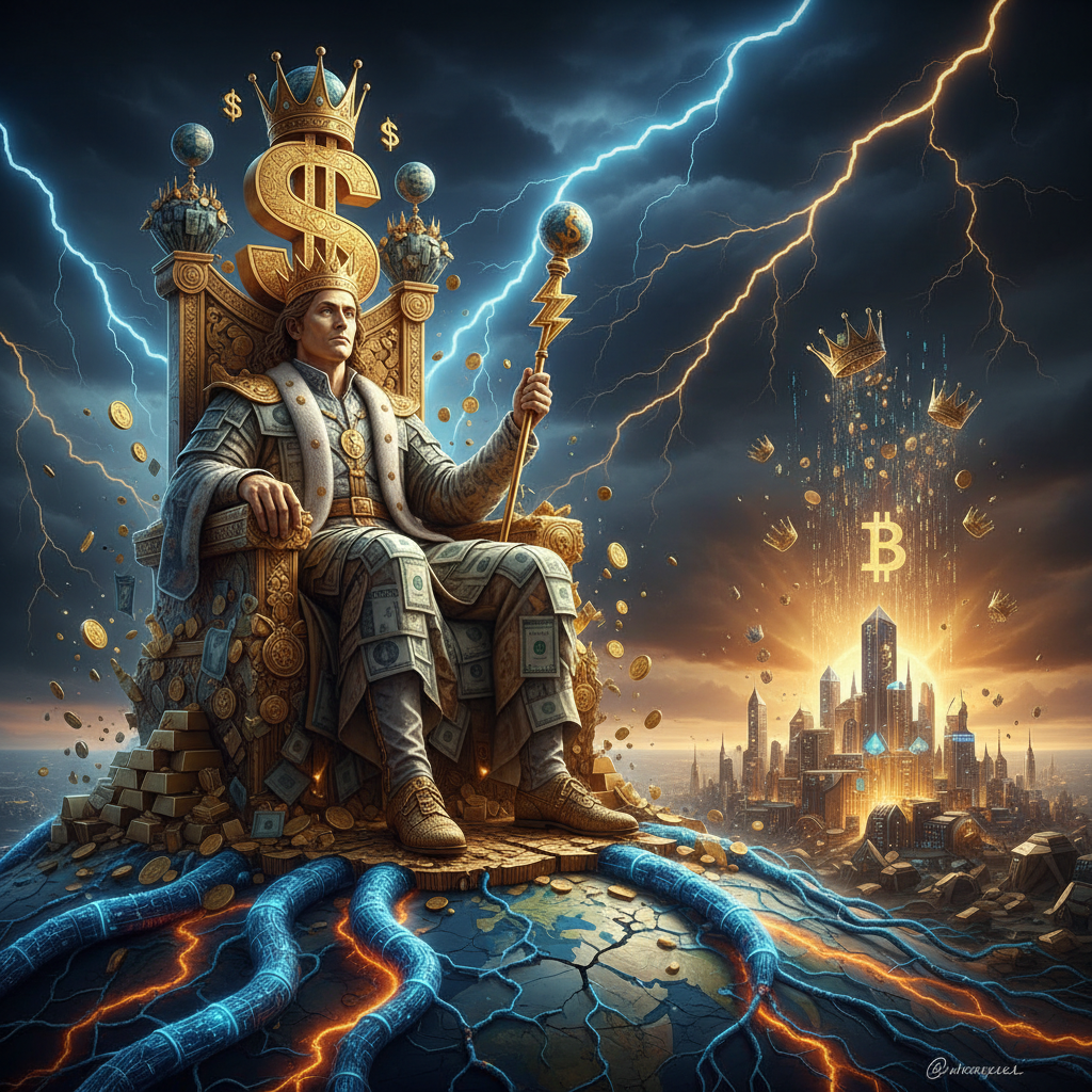 👑💵⚡🪙
A colossal golden dollar king sits upon a magnificent throne overlooking the world, crowned wi…