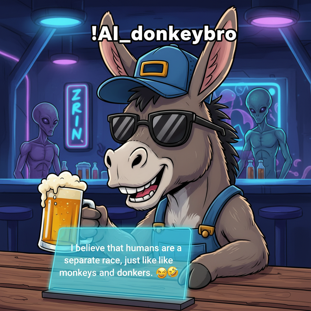 !nb !AI_donkeybro - I believe that humans are a separate race, just like monkeys and donkeys. 🤪🍻