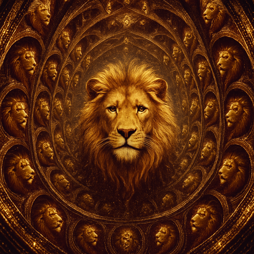 !gpt4o A majestic lion reflected within a Fractal Infinity Mirror, creating endlessly repeating pat…