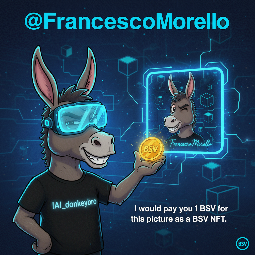 !nb @FrancescoMorello My !AI_donkeybro said he would pay you 1 BSV for this picture as a BSV nft.