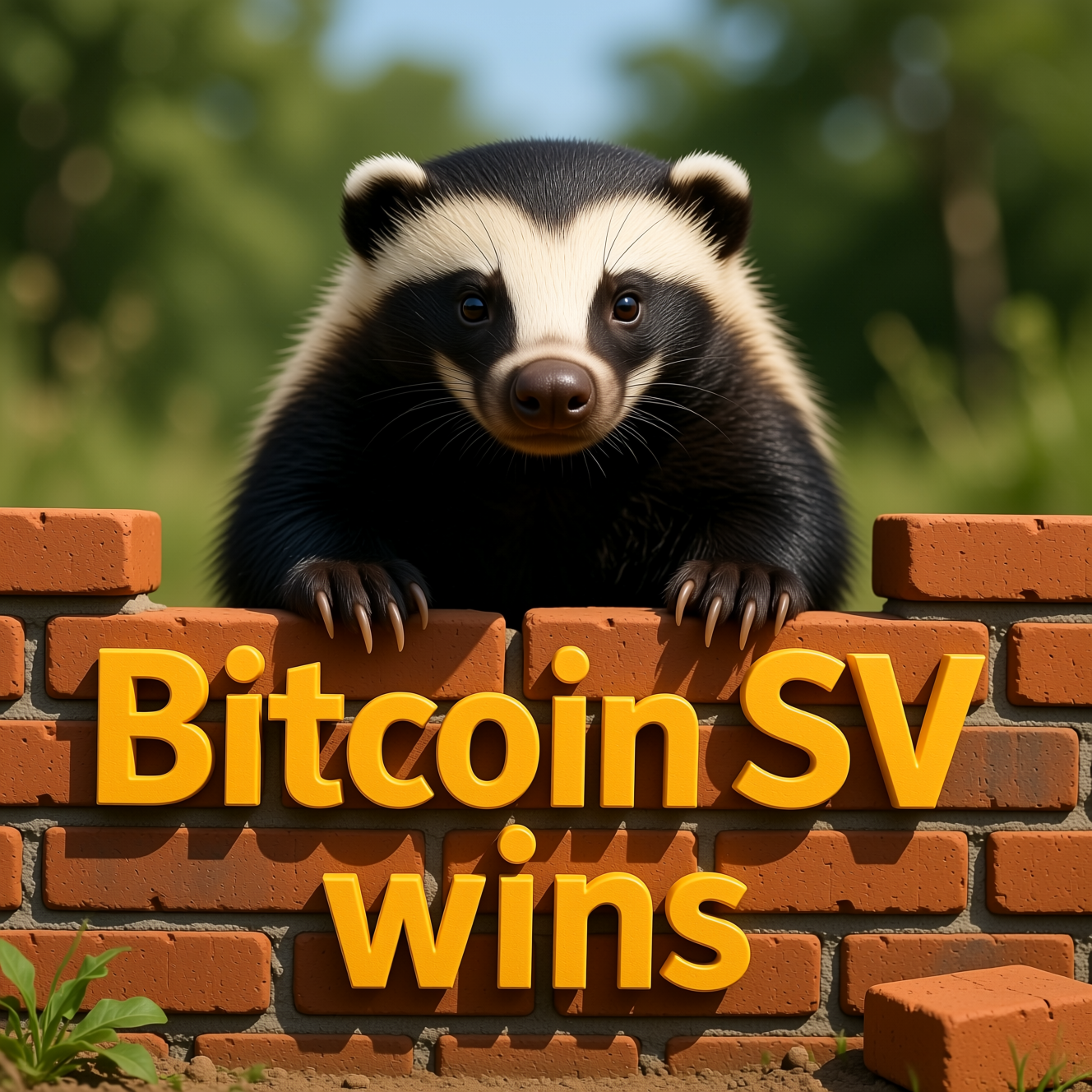 !qwen generate image of a honey badger building a brick wall that says "Bitcoin SV wins".