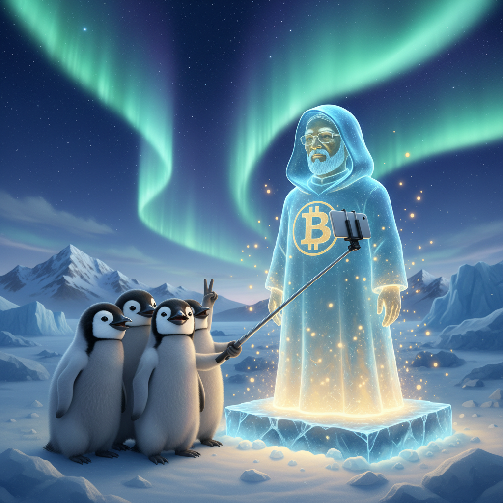 Penguins Found the Creator
!nb A group of adorable emperor penguins holding a selfie stick in a fro…