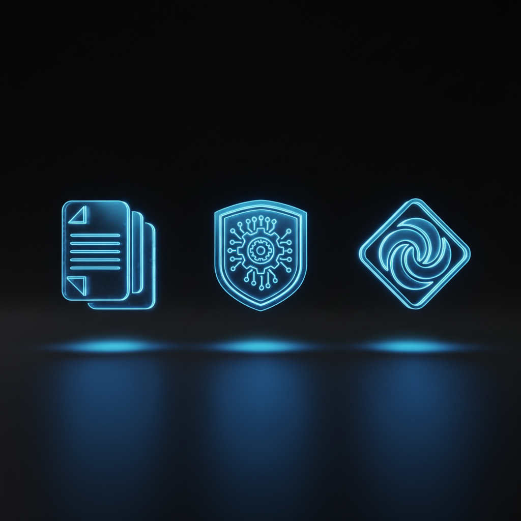 !nb Ultra-minimal futuristic Web3 icon display featuring three objects arranged horizontally in a c…